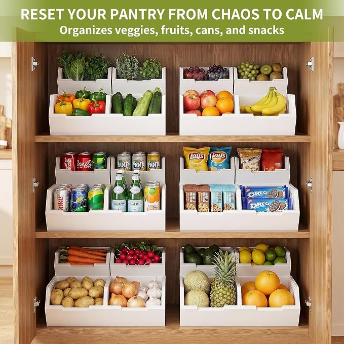 Bamboo Pantry Storage Bins, Potato and Onion Storage Bins for Countertop | Open Front Storage Bins, Large Capacity, Stackable Design, Cut-out Handles, FSC-certified Bamboo, No Assembly, White