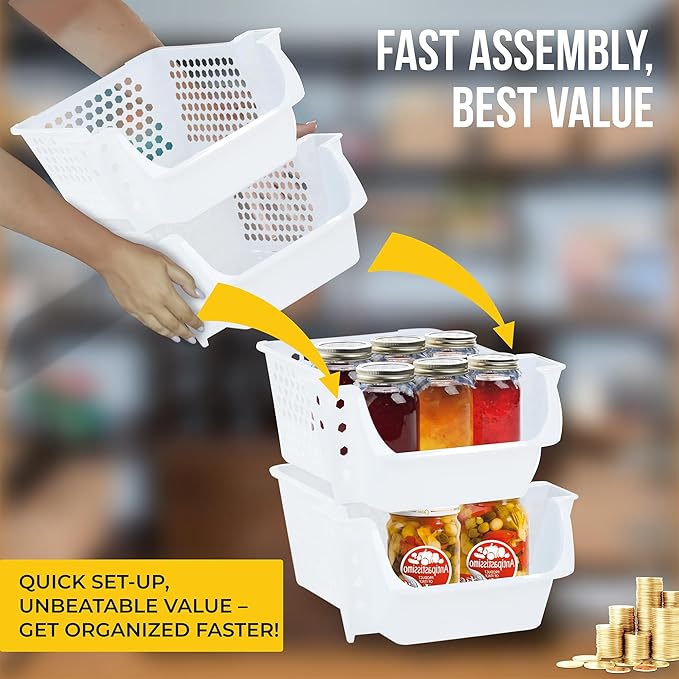 Skywin Stackable Storage Bins Open Front for Pantry Storage, 4 Pack - White | Sturdy Plastic, Easy Stacking, Breathable & Open Front Design, Pantry Storage for Snacks, Toiletries, and Small Essentials