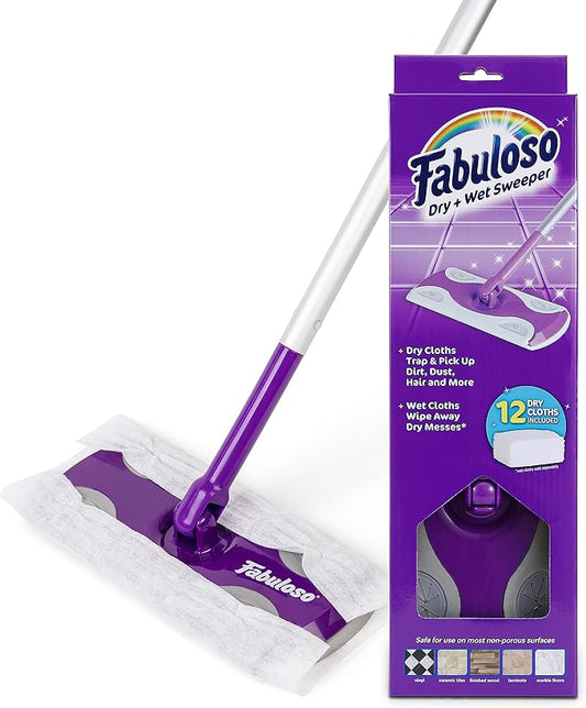 Fabuloso Dry and Wet Sweeper, 2-in-1 Floor Dust Mop for Dry Sweeping and Light Wet Mopping, Lightweight Aluminum Handle, Swivel Low-Profile Head, Bonus 12 Dry Pads Included
