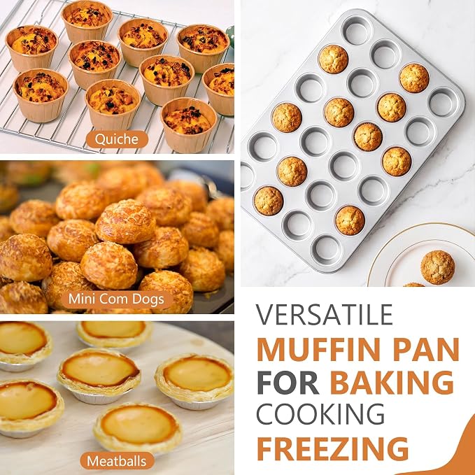 Domensi 4 Pcs Mini Muffin Pan 24 Cup Carbon Steel Cupcake Baking Pan Nonstick Tin Tray for Standard Muffins, Brownie, Tart, Quiche, Heavy Duty Bakeware Set, Oven & Dishwasher Safe