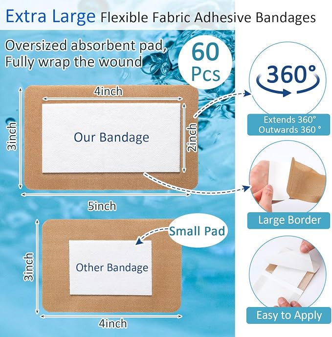 Geiserailie 60 Pcs Flexible Extra Large Adhesive Soft Bandages 5" x 3" Sterile Fabric Adhesive Bandages with Non Stick Pad, Latex Free for Care and Protect Wounds Bed Sores Burn Individually Wrapped
