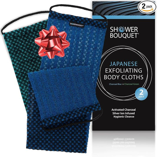 Japanese Exfoliating Washcloth for Back & Body 2-Pack - Charcoal & Silver Ion Exfoliating Towel with Handles - Two-Sided Gentle Exfoliation & Deep Cleanse Body Wash Cloths for Shower - 1 Blue, 1 Green