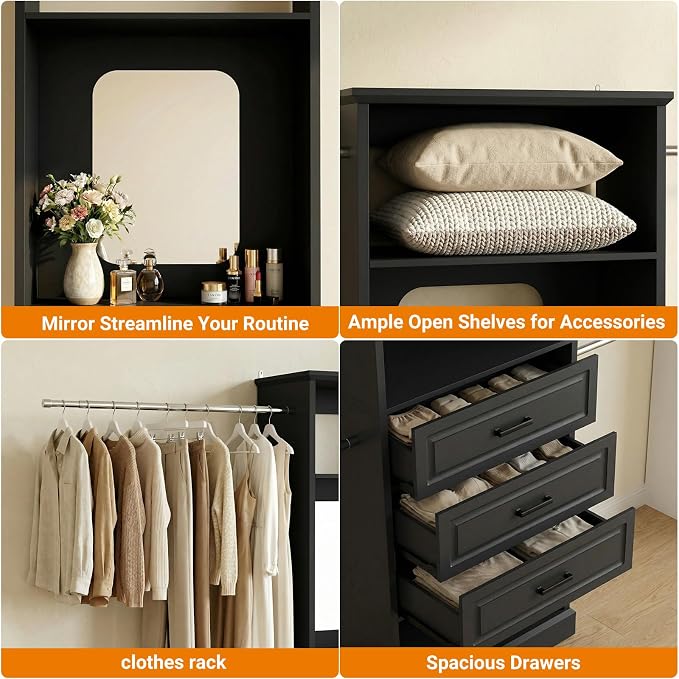 Unikito Closet System, 4FT - 9FT Closet Organizer with Mirror, Luxury Walk in Closet Insert with Drawers and 4 Hanging Rods, Sturdy Wood Wardrobe Closet Garment Rack with 25” Tower, Black