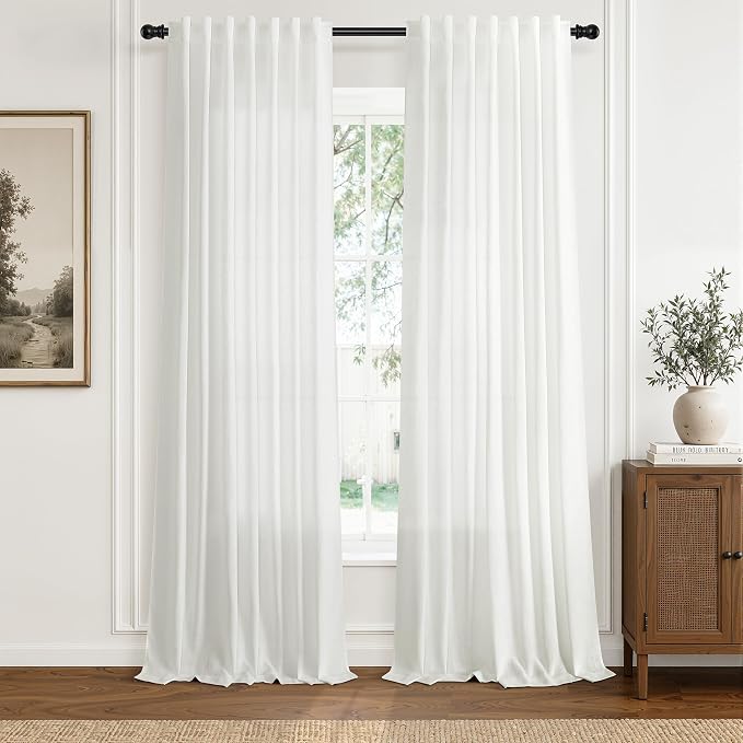 Hokibero Ivory Linen Curtains 96 Inches Long for Living Room 2 Panels | Light Filtering Sheer Curtain, Back Tab Rod Pocket Pleated Look, Textured Privacy Drapes for Bedroom Window, Boho Farmhouse