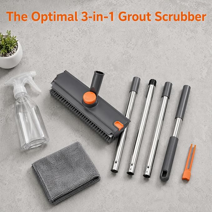 3 in 1 Long Handle Floor Scrub Brush with Squeegee | Adjustable stiff bristle scrubber with squeegee & tweezer, duty multi-surface for shower tile patio kitchen bathtub cleaning