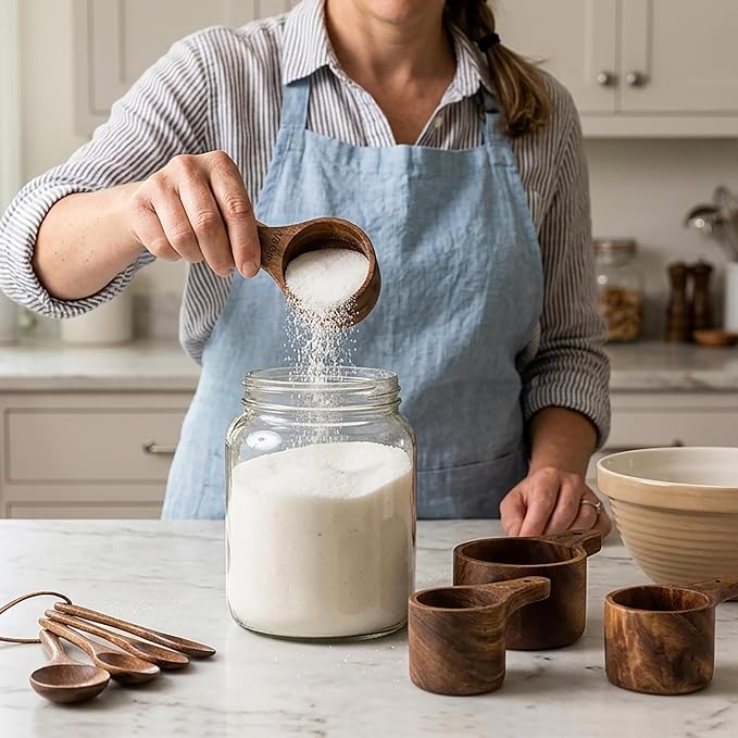 8PCS Wooden Measuring Cups and Spoons Set, Kaloo Natural Solid Acacia Wood Measuring Cups for Dry and Liquid Ingredients (Laser Engraved Measurements)