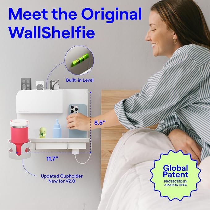 WallShelfie Bedside Wall Organizer & Dorm Decor - Dorm Room Essential, Floating Bedside Shelf Wall Mount Organizer, Remote Control Holder, Cool Teen Girls Trendy Stuff - 2.0, White