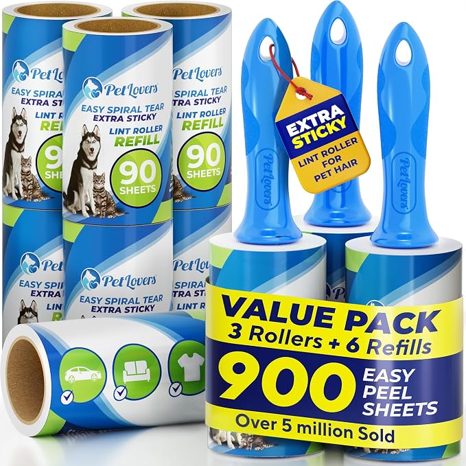 PetLovers Extra Sticky Lint Roller Mega Value Set 900 Sheets for Pet Hair Removal and Clothes, Dog and Cat Lint Remover, 10 Pack