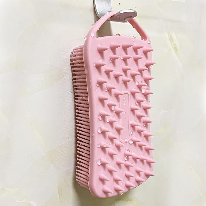 MtBoi 2 PC Silicone Body Scrubber, 2 in 1 Exfoliating Shower Bath Scrubber, Soft Silicone Loofah for Sensitive Skin, Shower Hair Scalp Massager, Easy to Clean, Lather Well (Pink&Blue)