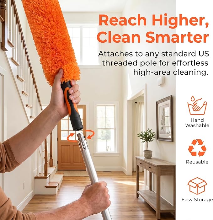 Microfiber Feather Duster for Telescopic Extendable Pole, Cleaning Duster Kit with Bendable Head & Scratch-Free Protective Tip, Washable Dusting Brush for Cleaning Ceiling Fans, Blinds, Furniture, Car