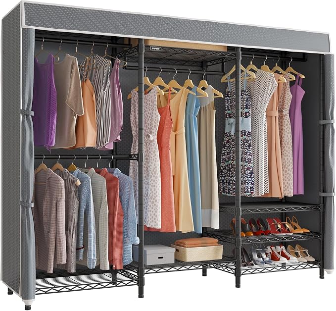 VIPEK V5C Portable Closet Wardrobe Bedroom Armoires Heavy Duty Covered Clothing Rack, Black Metal with Grey Oxford Fabric Cover, Adjustable Custom, 68.9" Lx15.7 Wx76.4 H