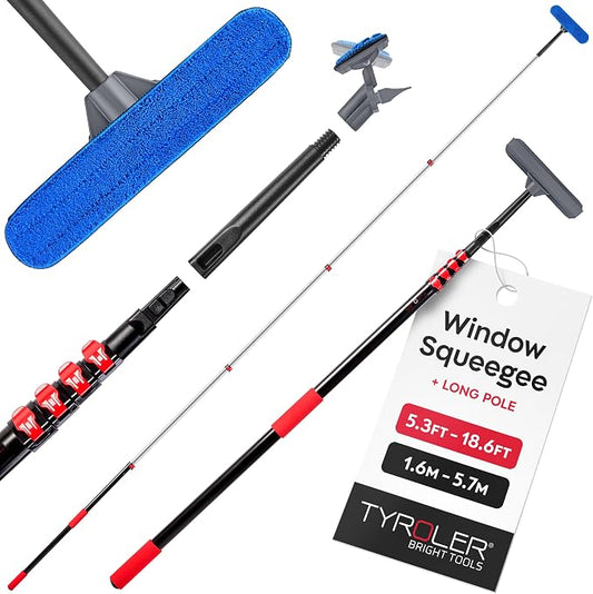 Tyroler Professional Window Squeegee with Extension Pole | Squeegee for Windows Cleaning | Outdoor Window Cleaner Tool, Windows Washing Kit with Extension Pole | Window Cleaning Kit (18.6 feet)