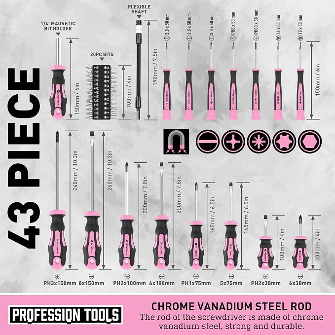Magnetic Screwdrivers Set with Case, Amartisan 43-piece Includs Slotted, Phillips, Hex, Pozidriv,Torx and Precision Screwdriver Set, Magnetizer Demagnetizer Tools, Tools for Men (Pink))