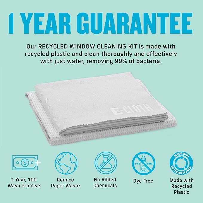 E-Cloth Microfiber Window Cleaning Cloth Kit - Glass Cleaning Cloth for Windows, Mirrors, Cars, Lenses, Eyeglasses, & More, Streak Free Clean, Machine Washable Reusable Towel - Recycled (2 Kits)
