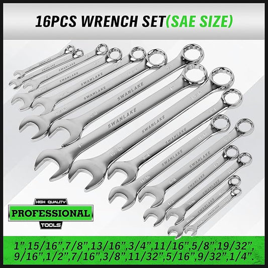 SWANLAKE 32-Piece Combination Wrench Set, SAE and Metric, 1/4"-1" & 7mm-22mm, 12 Point, Chrome Vanadium Steel