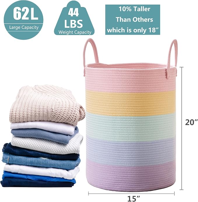 Large Rainbow Hamper Laundry Basket for Baby Girls Kids Nursery | 60L Pastel Unicorn Woven Clothes Hamper Tall Blanket Basket in Playroom Bedroom 15Dx20H inches