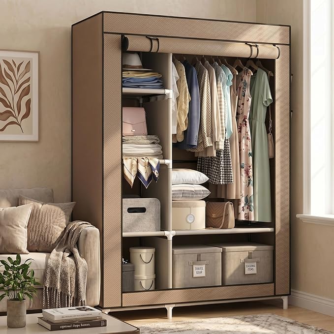 Calmootey Portable Closet Organizers, Clothing Storage, Wardrobe with 6 Shelves and Hanging Rod, Non-Woven Fabric Cover with 4 Side Pockets, Brown