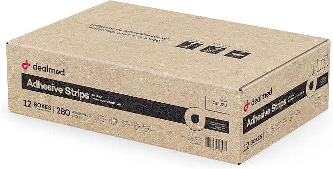 Dealmed Adhesive Bandages Variety Pack - Sterile First Aid - 3360 Count | Polyurethane Material, 280 Per Box, 12 Boxes, Individually Wrapped, Non Stick Pad, Assorted Sizes
