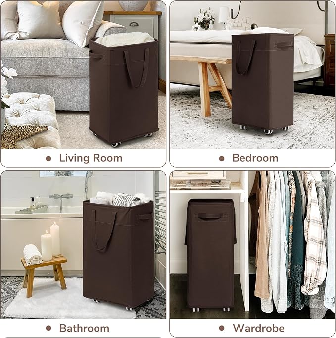 CHICVITA 75L Large Rolling Laundry Basket with Wheels & Wash Bag, Coffee | Clothes hamper for laundry room and living room. Removable wash bag for easy wash-day transpor