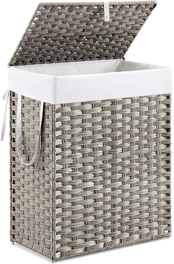 DUMOS Woven Laundry Basket with Lid, 90L Large Capacity Hamper, Removable & Machine-Washable Liner, Foldable Rattan Clothes Hamper, Sturdy Steel Frame, Odor Control, Dove Gray