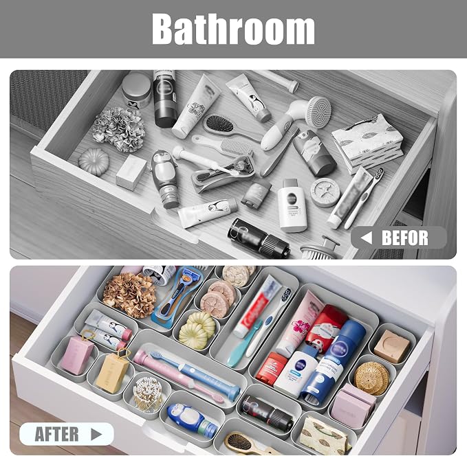 Drawer Organizers Bins 10 PCS for Bathroom Makeup Desk Office | with Non-slip Pads, 3 Sizes, Plastic Tray, Vanity Organizer, Kitchen Utensils Organizer