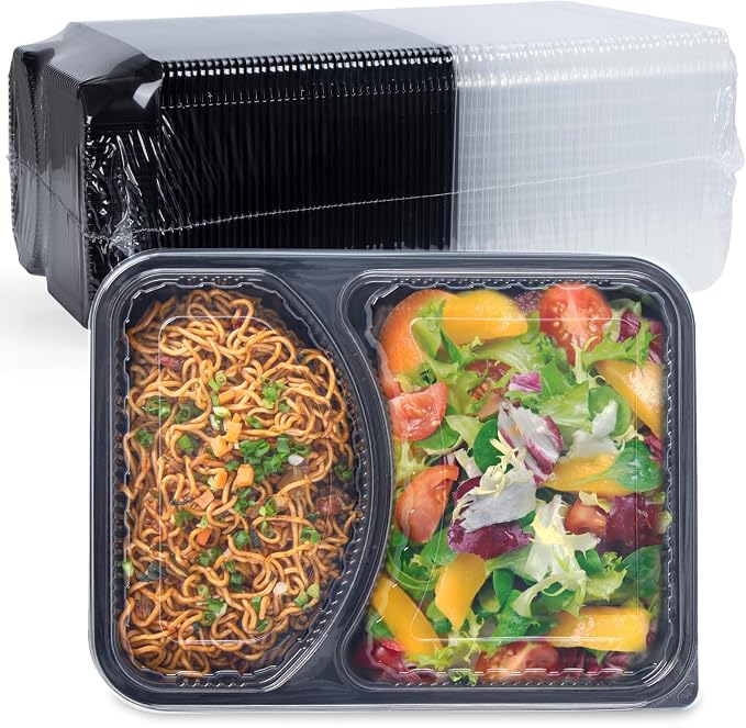 40 Pack 41oz Meal Prep Containers - Shrink Wrap Ready To Use | Reusable Leakproof 2 Compartment To Go Boxes | BPA-Free, Microwave & Freezer Safe | Portion Control Takeout Food Storage