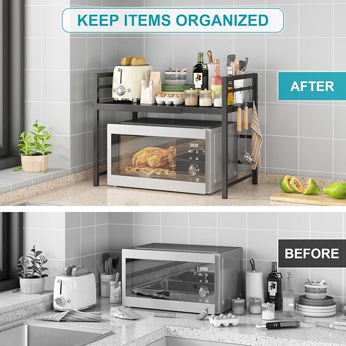 DOLALIKE Microwave Oven Rack, Expandable Microwave Stand Countertop Kitchen Utensils Tableware Storage, Carbon Steel Over Microwave Shelf Countertop with 3 Hooks | Adjustable Microwave Oven Rack Metal Storage Shelf for Pans Small Appliances Kitchen Ute...