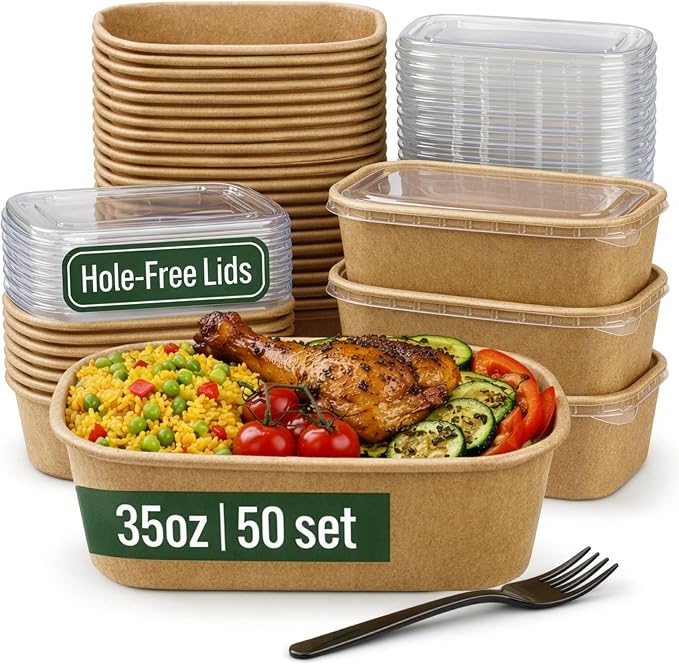 Leafiew 50 Pack 35Oz Disposable Meal Prep Containers With Lids - Microwave and Freezer Safe Kraft Paper Bowls with Lids and Forks - Disposable Food Containers - To Go Bowls for Food Prep and Salad