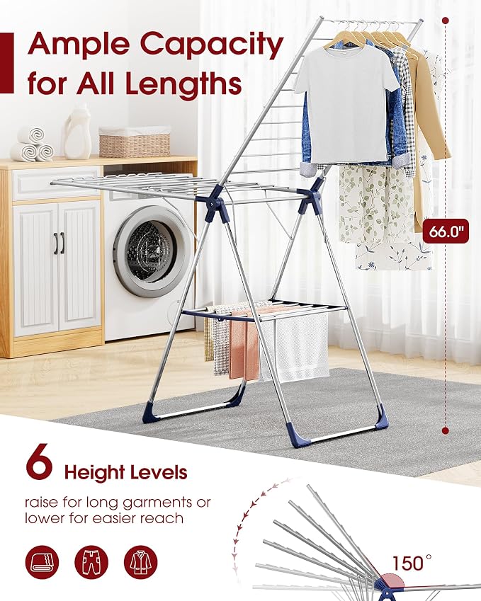 Sakugi Clothes Drying Rack, 69.5" Adjustable Wings, Foldable Design | Laundry Room, Bedroom, Outdoor & Indoor Use, Height Adjustable, Collapsible, Silver Blue, 69.5" L × 22.8" W