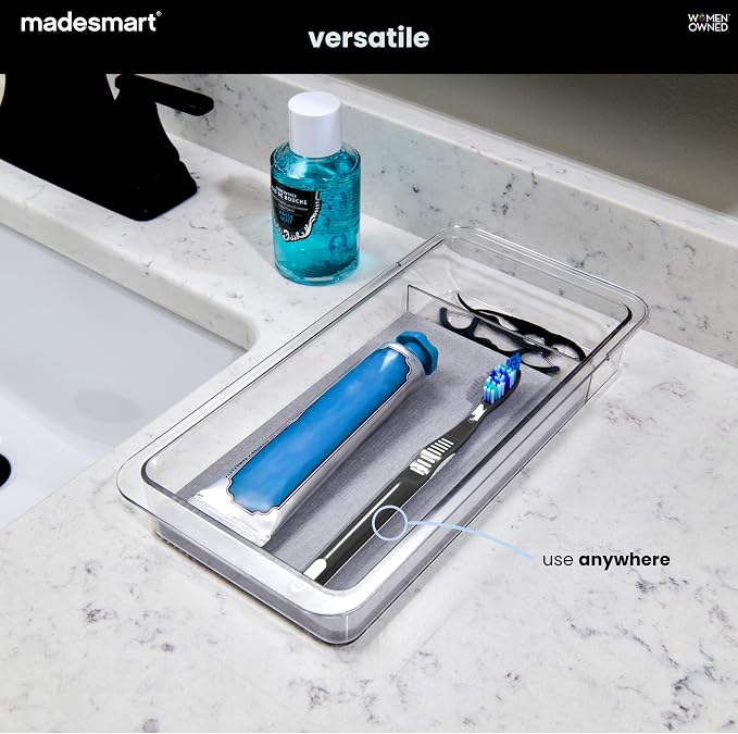 madesmart Toothbrush Drawer Organizer with Drying Stone, Clear Dental Organizer Tray for Bathroom Drawers, Toothpaste Holder, Dental Floss, Water Flosser and Mouthwash Storage, 12 Inch