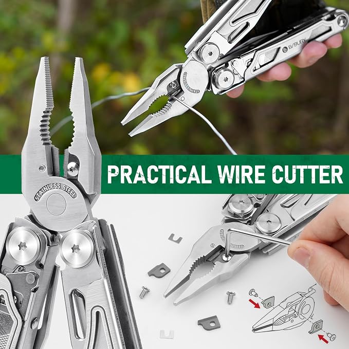 BIBURY Multitool Pliers with 440A Knife & Full Size Scissors, BI2045 | 31-in-1 Multi Tool with Replaceable Wire Cutters, Self-locking EDC Tool with Sheath, Ideal for Outdoor, DIY, Gift for Men
