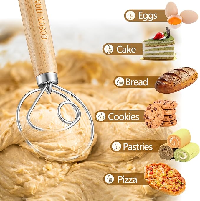 2 Pack Danish Dough Whisk Hook Sourdough Bread Baking Supplies Starter Kit | 13.5 Inches; Quick Hand Mixing Tool; Wooden Handle Stainless Steel Loop; Easy Clean; Diswasher Safe; for Batter Pastry Flour