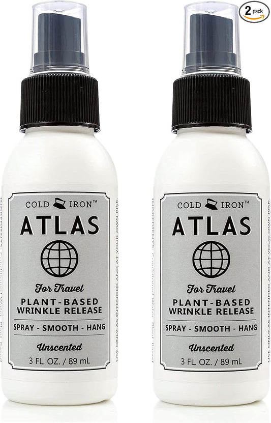 Cold Iron Wrinkle Release Spray for Clothes. Atlas Travel Size 3 fl oz/89 ml. Fragrance Free. Fast, Easy to Use Ironing Alternative. Spray, Smooth, Hang. Award Winning for People on The Go