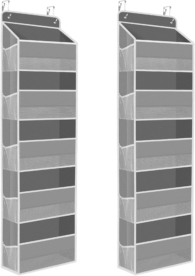 SpaceHacks 2 Pack Over The Door Organizer, Hanging Storage Organizer with Clear Window, 40lb Ultra Sturdy Large Capacity Room Organizer for Pantry Laundry Bathroom Nursery Closet (Grey)