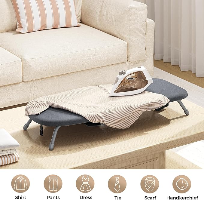 Kingboard Tabletop Ironing Board with Iron Holder, Small Iron Board with Heat Resistant Cover, Portable Mini Ironing Board with Non-Slip Feet for Home Travel, 12 * 32 Black