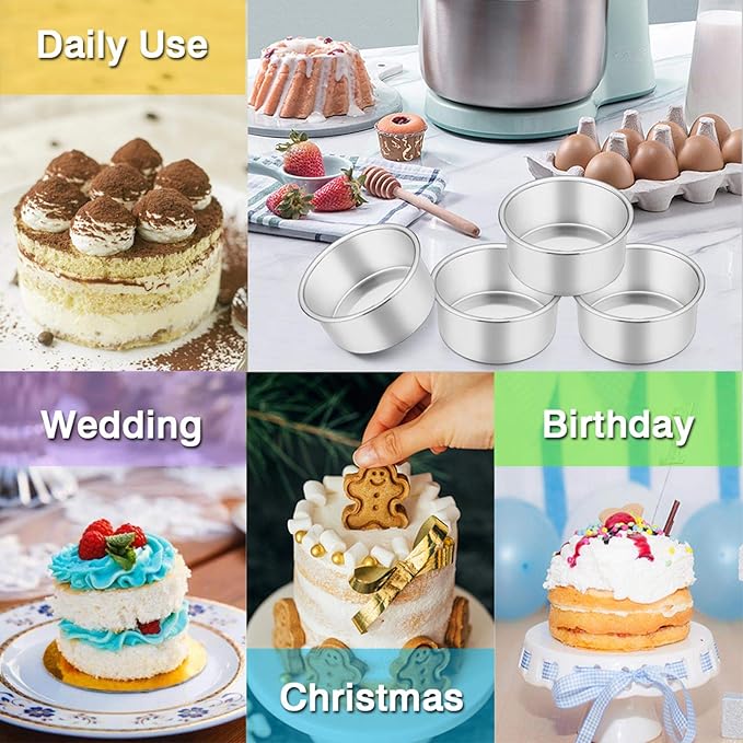 TeamFar 4 Inch Cake Pan, 4 Pcs Mini Cake Pan Round Tier Baking Tins Set Stainless Steel, For Baking Steaming Serving, Healthy & Sturdy, Mirror Finish & Dishwasher Safe (Pack of 2)