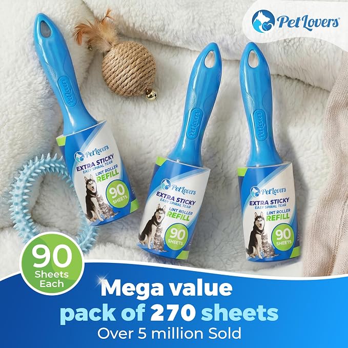 PetLovers Extra Sticky Lint Roller Value Set 270 Sheets for Pet Hair Removal and Clothes, Dog and Cat Lint Remover, 3 Pack