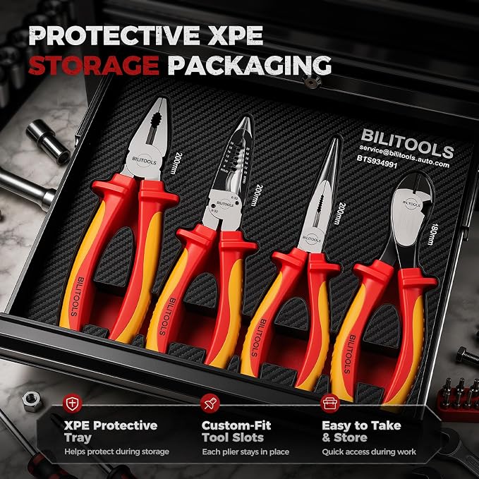 BILITOOLS High Leverage 1000V Insulated Pliers Set, Cr-Mo Electrician Tools | 8" Lineman, Needle Nose, Wire Stripper & 7" Diagonal Cutting Pliers, Multipurpose Stripping & Cutting, Electrician Tools