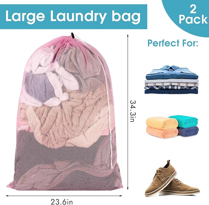 2 Pack Mesh Laundry Bags 23x34 Inch Drawstring Locking for Travel Home | Mesh bags with locking drawstring, Tear-resistant for blankets & towels, Lightweight foldable for travel/dorm