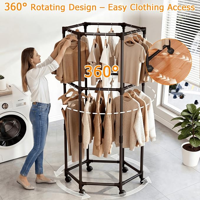 360° Rotating Hexagonal Clothes Hanger With Wheels, Space-Saving Freestanding Floor With Double Layer Hanging Bars, Multi-Compartment Floor-Standing Clothes Rack (Regular-White)