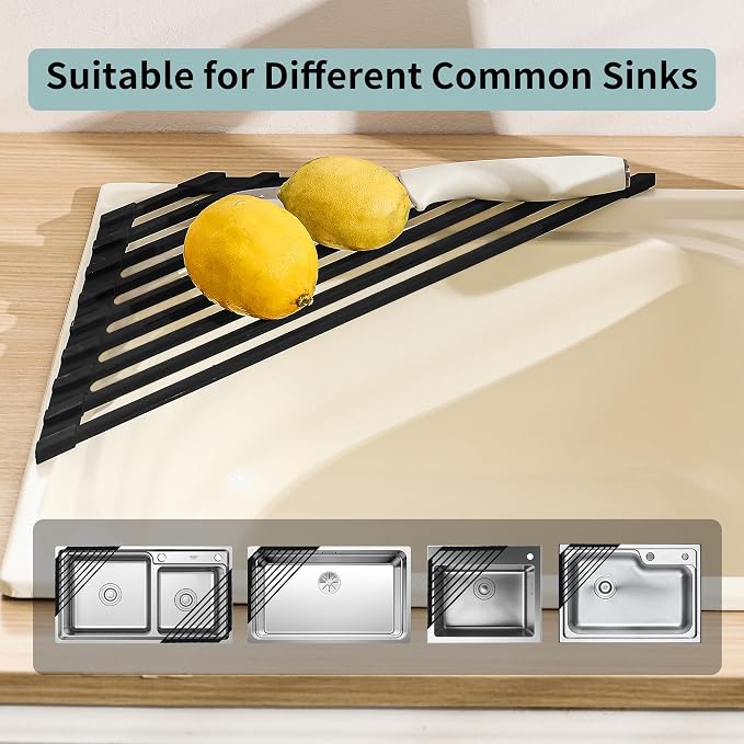 Triangle Roll Up Dish Drying Rack for Sink Corner, Foldable Silicone Coated Stainless Steel Over Sink Rack, Space Saving Heat Resistant Anti-Slip Anti-Rust Drainer Mat for Dish Fruit (Black)