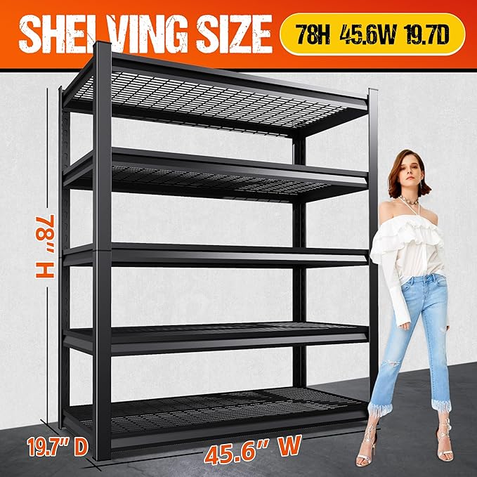 Set of 4 Heavy Duty Garage Shelving 5T Storage Shelves, Adjustable Metal Shelving Unit, Utility Garage Organizer Shelf for Basement, Pantry, Warehouse, Supermarket, 45.6" Wx19.7 Dx78 H