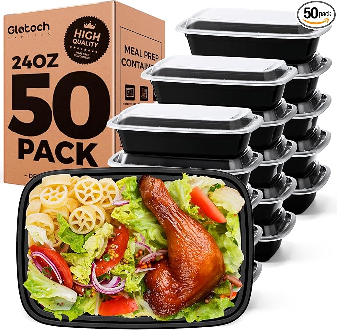 Glotoch 100-Piece (50-Pack) 24 OZ Meal Prep Containers Reusable with Lids, Sturdy Leakproof & Food Safe, Microwave, Freezer, Dishwasher Safe To Go Food Containers, Plastic Take Out Containers, Black