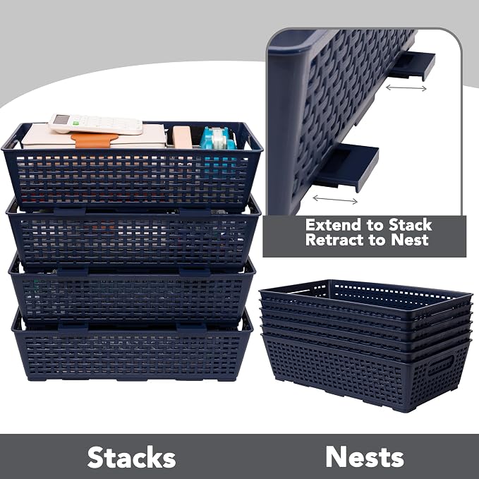 Tiawudi Stackable Woven Plastic Basket, Storage Bins for Cabinet, Closet, Shelf, Under Sink and Countertop, Pantry Organizer Bins, 6 Pack