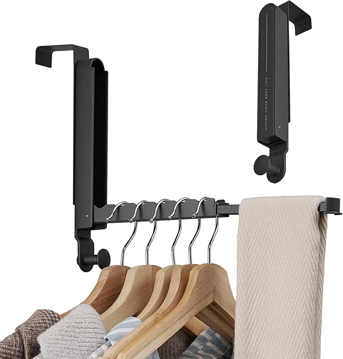RFOUO Over The Door Hooks Hanger,Fit Door up to 1 3/8", Black, 2 Pack | Aluminum,Retractable Rod, Space-Saving, Foldable Over The Door Drying Rack,No drilling, For Laundry Bathroom Bedroom Travel