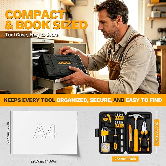 DEKOPRO 94 Piece Tool Set Household DIY Tool Kit for Men with Storage Toolbox, Small Basic Hand Tool Box Set for Home Repair, DIY, Apartment, Office, Orange