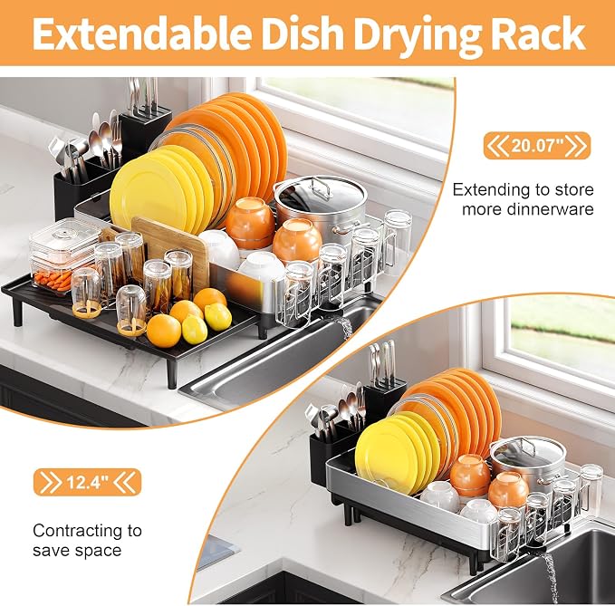 Urackify Large Dish Drying Rack, 304 Stainless Steel Dish Rack for Kitchen Counter, Expandable Dish Drainer with Cutlery Holder, Multifunctional Space Saving Organizer, Black