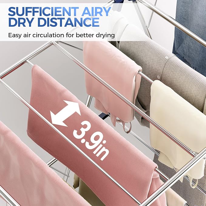 APEXCHASER Large Stainless Steel Clothes Drying Rack, Generous Drying Area | Foldable 2-Level Drying Rack Clothing, Free-Standing Laundry Airer, with Height-Adjustable 4 Wings, Matte Blue