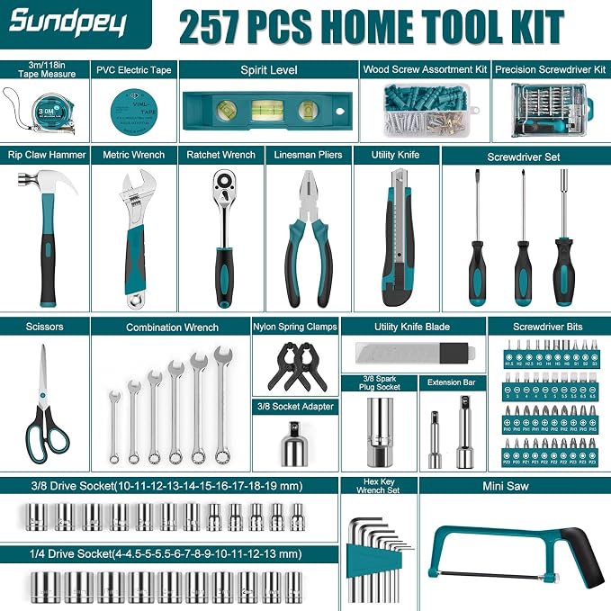 Sundpey 257 Pcs Portable General Basic Hand Tool Kit Set for Home with Case | with Mechanic Tool Set & Wrench Kit & Precision Screwdriver Set, for Men Women, for Household Car House Garage Apartment Dorm
