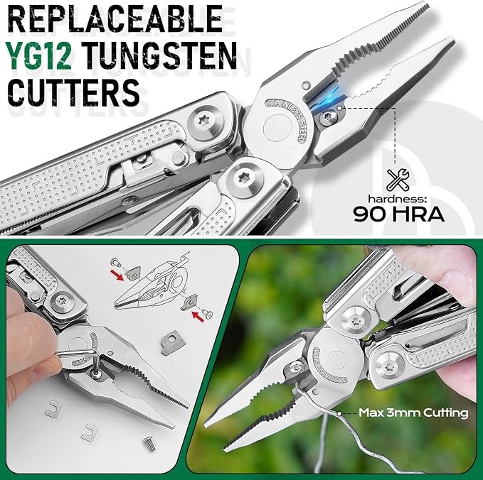 BIBURY Multitool Pliers Pro BI2049, EDC Multi Tool with 90HRA Replaceable YG12 Tungsten Wire Cutters, 440A Knife, T-Shank Wood Saw & Scissors, EDC Gear for Camping Hiking, Fathers Day Gift for Men